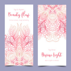 Stretch and Strenghth. Yoga card design. Colorful template for spiritual retreat or yoga studio. Ornamental business cards, oriental pattern. Vector illustration