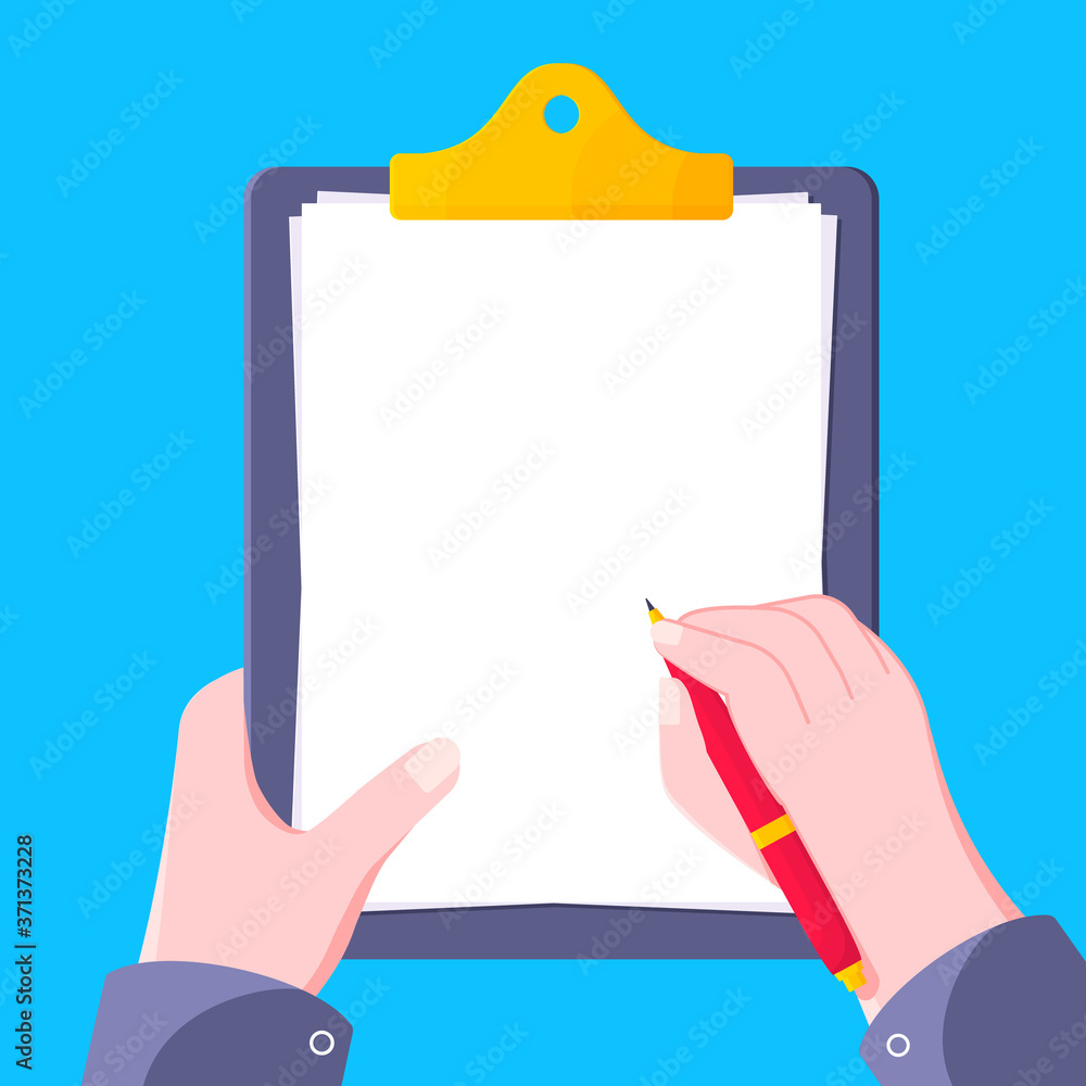 Poster hand hold clipboard with blank form flat style design icon sign vector illustration isolated on whit