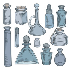 Contour sketch of bottles, flasks and jars with hatching. Containers for perfumes and medicines. Natural medicine. Potions and Alchemy. Vector engraving object for recipes, banners and your design.