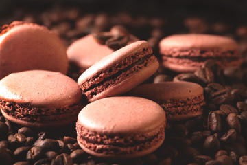 french macaroon cake with coffee, background, retro