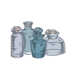 Natural medicine and medicine. Perfumes and potions. Colorful sketch of small bottles, flasks on a white background. Vector object for recipes, banners and your design.