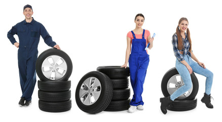 Collage with photos of young mechanics and tires on white background. Auto store