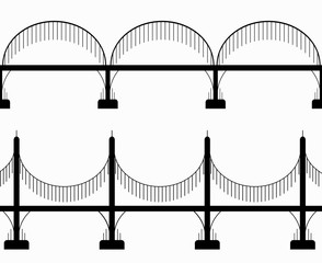 Set of various seamless black silhouette bridges on columns. City communications. The intersection of rivers and ravines. Vector object for icons, logos, signs and your design.