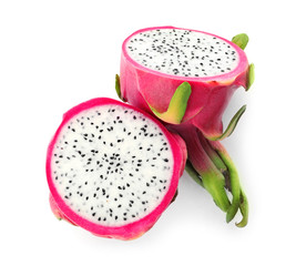 Halves of delicious ripe dragon fruit (pitahaya) on white background, above view