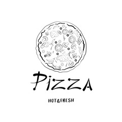 Simple image of pizza in one color. Vector illustration for pizza packaging or menu isolated on white background