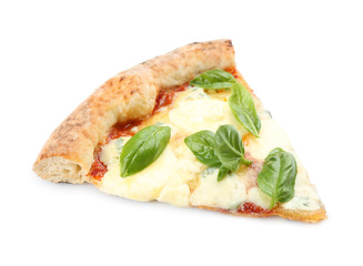 Slice of delicious pizza on white background