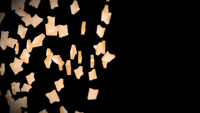 Flying many plain bread slices on black background. Foodstuff, Food and eating concept. 3D animation of wheat bread slice rotating. Loop animation.