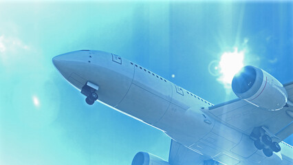 Fototapeta na wymiar Commercial Jet Plane takes off. Landing gear down 3D render