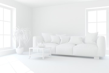 Stylish minimalist room with sofa in white color. Scandinavian interior design. 3D illustration