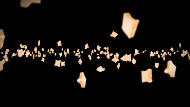 Flying many plain bread slices on black background. Foodstuff, Food and eating concept. 3D animation of wheat bread slice rotating. Loop animation.