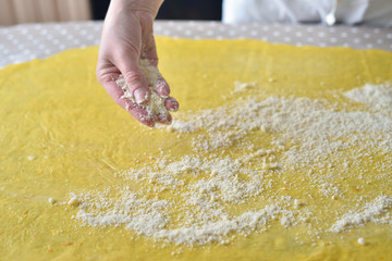 Female hands sprinkle round dough on the table
