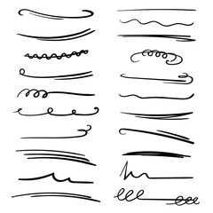 Set of handmade lines, brush lines, underlines. Hand-drawn collection of doodle style various shapes. Art Lines. Isolated on white. Vector illustration