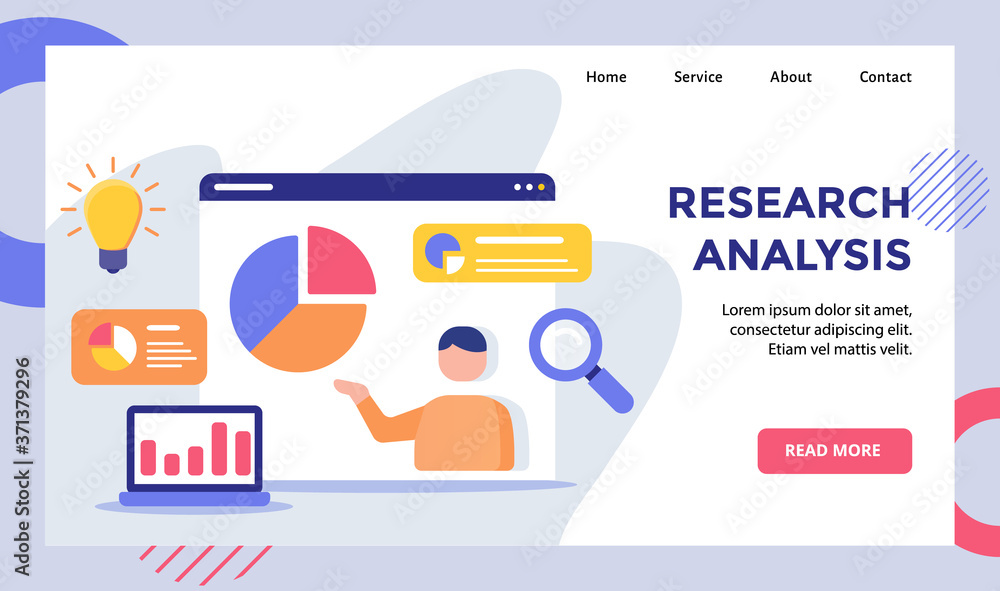 Poster research analysis man pie chart on monitor campaign for web website home homepage landing page templ
