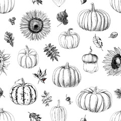 Seamless pattern with pumpkins and sunflowers