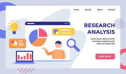 Research analysis man pie chart on monitor campaign for web website home homepage landing page template banner with modern flat style