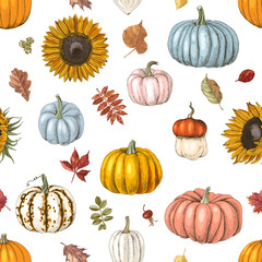 Seamless pattern with pumpkins and sunflowers