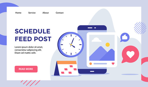 Schedule feed post picture on smartphone screen campaign for web website home homepage landing page template banner with modern flat style