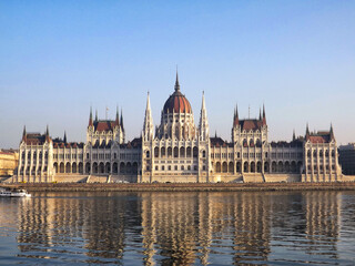 Budapest Parliament, view from the Danube River. Reflection of the Hungarian House of Parliament in the river