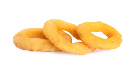 Delicious golden onion rings isolated on white