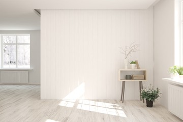 White minimalist empty room. Scandinavian interior design. 3D illustration
