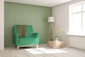 Green cozy minimalist room with armchair. Scandinavian interior design. 3D illustration