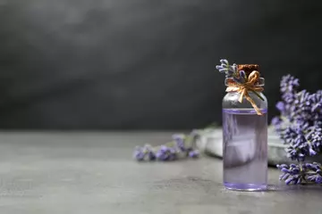 Rolgordijnen Bottle of essential oil and lavender flowers on grey stone table. Space for text © New Africa