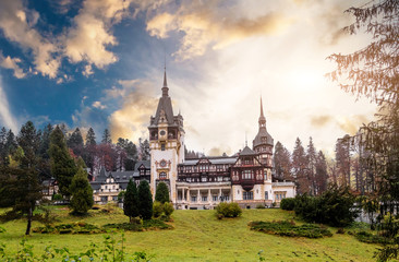 Fototapeta na wymiar Famous Peles Castle in Romania at sanset