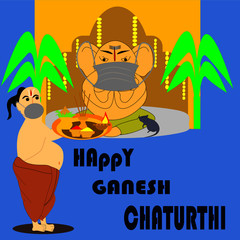 Happy Ganesh chaturthi , vector Lord Ganesh statue with mask,Hindu brahmin man standing infront of statue holding pooja thali with wearing face mask at the time of festival,due to pandemic of covid-19