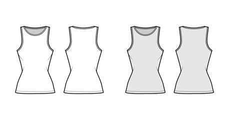Cotton-jersey tank technical fashion illustration with slim fit, elongated hem, crew neckline. Flat outwear basic apparel template front, back, white grey color. Women, men unisex shirt top CAD mockup