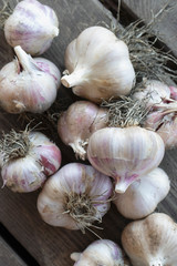 Close up of garlic cloves on dark grey wooden table backdrop.