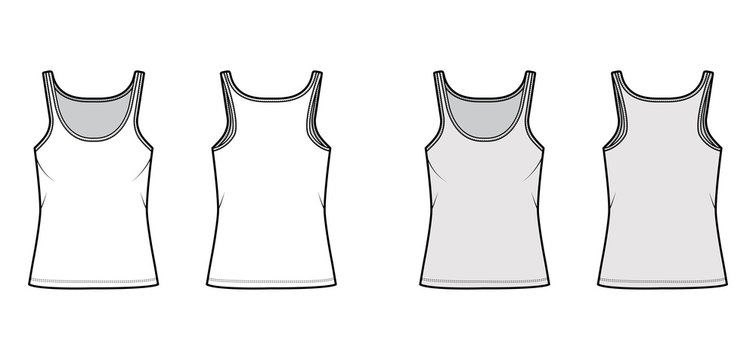 Cotton-jersey tank technical fashion illustration with scoop neck, relaxed fit, tunic length. Flat outwear basic camisole apparel template front back white grey color. Women men unisex shirt top CAD