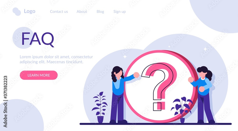 Poster faq. frequently asked questions. technical support workers. women stand near a large question mark. 