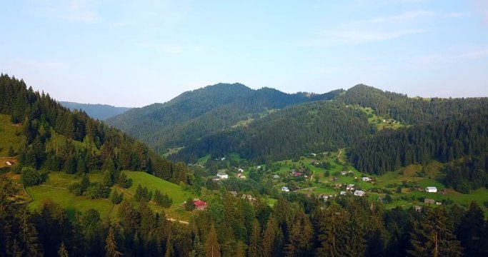 Beautiful ariel view from the drone on the Carpathian mountain village