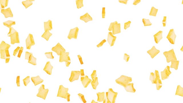 Flying many plain bread slices on black background. Foodstuff, Food and eating concept. 3D animation of wheat bread slice rotating. Loop animation.