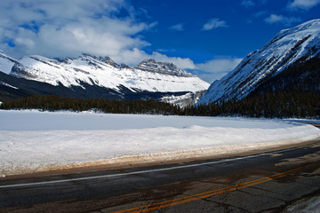 Obraz na płótnie Canvas Icefields Parkway Highway 93 leading to Columbia Icefield in Canadian Rocky Mountains between Banff and Jasper National Park in Alberta Canada