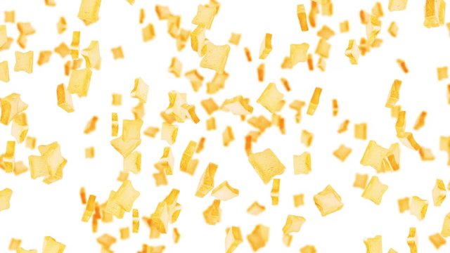Flying many plain bread slices on black background. Foodstuff, Food and eating concept. 3D animation of wheat bread slice rotating. Loop animation.