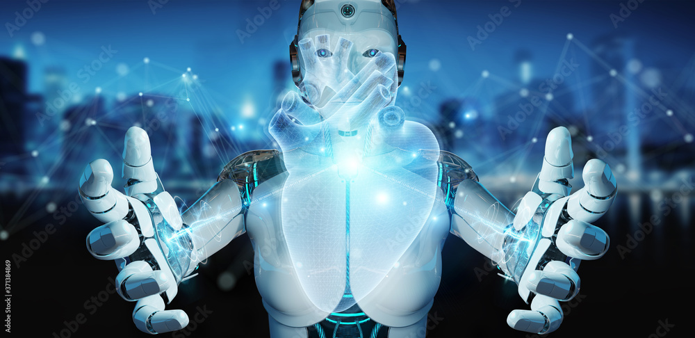 Poster Robot using digital x-ray of human heart holographic scan projection 3D rendering