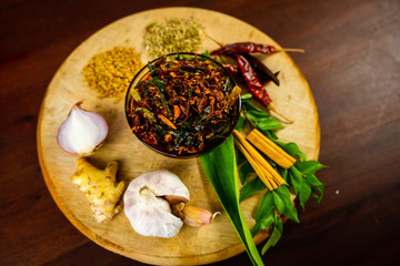 Spicy Maldives fish dish - (dried fish sambol/sambal) with leafy green water spinach (Kankun )stir fries. Asian food kitchen.