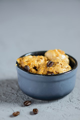 Aquafaba coffee ice cream in a gray bowl. Sugar, lactose, gluten free.