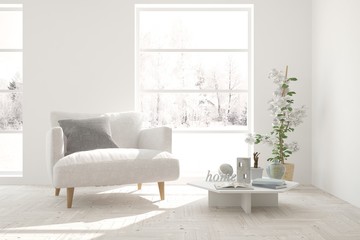 Fototapeta premium Idea of white stylish minimalist room with armchair and summer landscape in window. Scandinavian interior design. 3D illustration