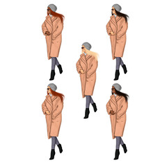 Set Girls In Beige Coat Background Hand Drawn Illustration	
