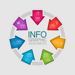 Vector infographic template, circle with 7 steps or options. Data presentation, business concept design for web, brochure, diagram.