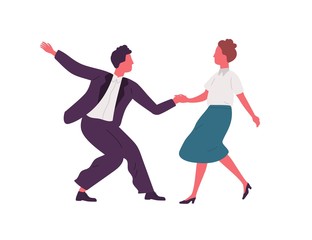 Fototapeta na wymiar Pair holding hands and dancing lindy hop dance together. Party time in retro rock n roll style. Swing dancers couple in 1940s style clothing. Flat vector illustration isolated on white background