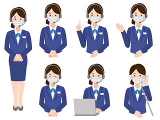 Fototapeta premium マスク着用 テレフォンアポインター女性 シンプルイラスト 線なし セット