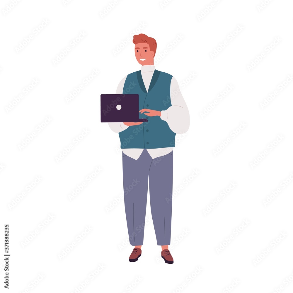 Aufkleber Smiling programmer or businessman working and holding laptop. Adult bearded modern coder in casual clothes. Young man having remote work. Flat vector cartoon illustration isolated on white background