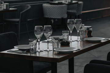 Glasses of white and pink sparkling wine on the table at the restaurant. Special wine tasting.