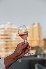Glasses of white and pink sparkling wine on the table at the restaurant. Special wine tasting.