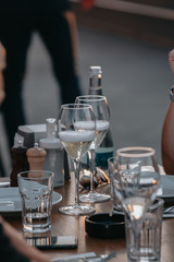 Glasses of white and pink sparkling wine on the table at the restaurant. Special wine tasting.