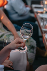 Glasses of white and pink sparkling wine on the table at the restaurant. Special wine tasting.