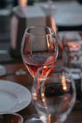 Glasses of white and pink sparkling wine on the table at the restaurant. Special wine tasting.